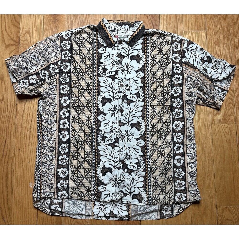 Hilo Hattie Shirt Mens 2XL Hawaiian Camp Brown Floral Short Sleeve Cotton READ